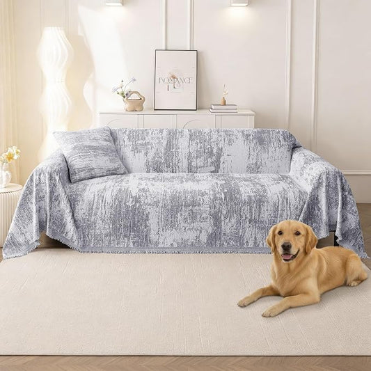 hyha Couch Cover for Dogs, Boho Chenille Sofa Cover for 3 Cushion Couch | Anti-Scratch Washable Sofa Slipcover, Loveseat Sectional Couch Throw Blankets with Tassels (Grey/White, 71x118 Inch) by hyha