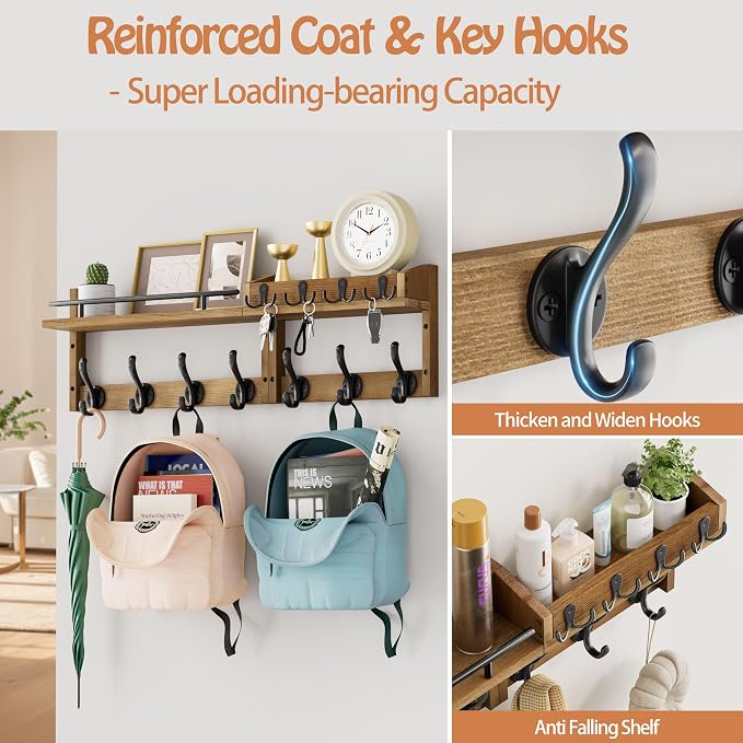29 inch Coat Rack Wall Mount with Shelf, Entryway Wall Shelf with Hooks, Heavy Duty Coat Hanger Wall Mount with Key Holders and Mail Organizer for Living Room, Bedroom, Brown - Image 4