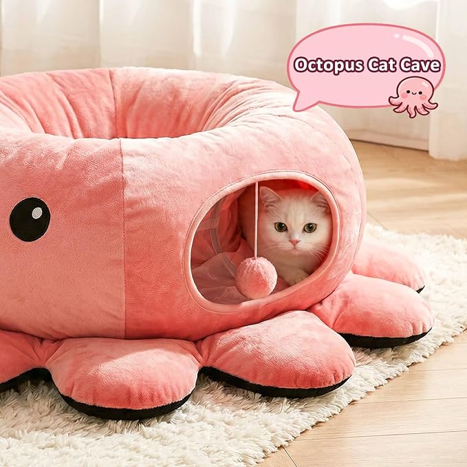 Cat Tunnel Bed with 20 Cat Toys, Collapsible Play Tunnel for Indoor Cats, Kitten Toys for Indoor Kittens, Octopus Shaped - Image 3