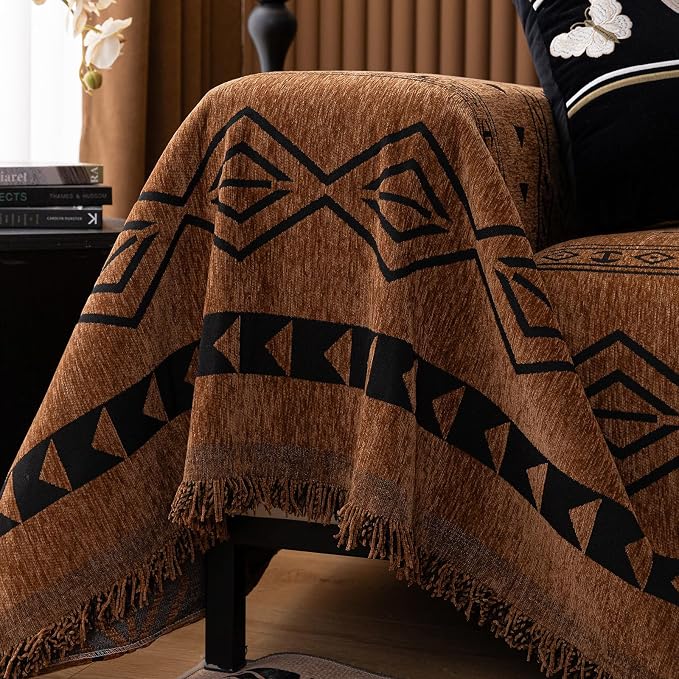 VClife Bohemian Couch Cover for Dog, Plush Thick Chenille Aztec Couch Cover for 2 Cushion Couch Sofa Pet Friendly Sofa Slipcover with Tassel 71"X118" - Image 6