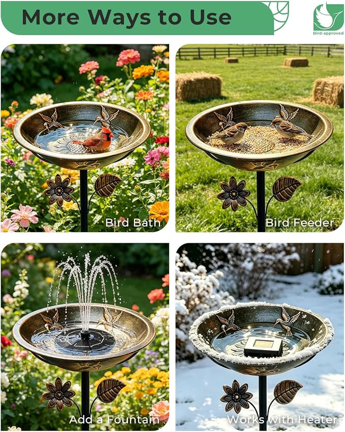 13" Metal Bird Bath for Outside – Hummingbird Embossed Garden Birdbath Bowl with Stake | Adjustable Height Outdoor Bird Bath, Removable Bowl, Rust Resistant Yard Lawn Decor - Image 7