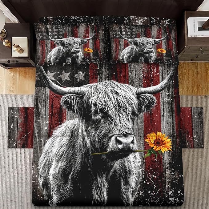 WeCozy Twin Size Bed Sheet Sets with Pillowcases, Highland Cow Animal 3 Pcs Soft Microfiber Bedding for Kids and Adults, Farm Bull American Flag Flat, Fitted Sheet for Bedroom Bed Decor - Image 3