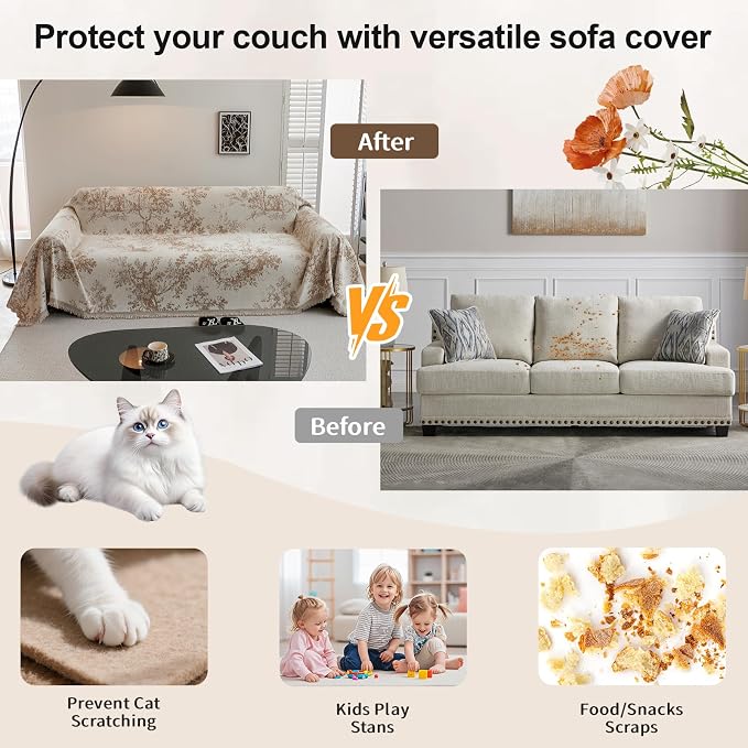 ROOMLIFE Couch Cover 3 Cushion Sofa, Washable Non Slip Furniture Sofa Protector Cover, Soft Chenille Sofa Slipcovers Sectional L Shape Dogs Couch Cover Throw Blanket with Tassels 71''X150'' - Image 6