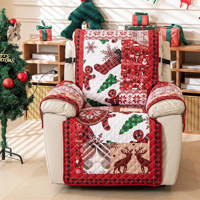 Cmfshape Christmas Skidproof Sofa Cover-Festival Sofa Slipcover with Elastic Straps-Easy Fit Slip Cover-Patchwork Washable Furniture Protector for Pets and Kids(Recliner,Red) - Image 2