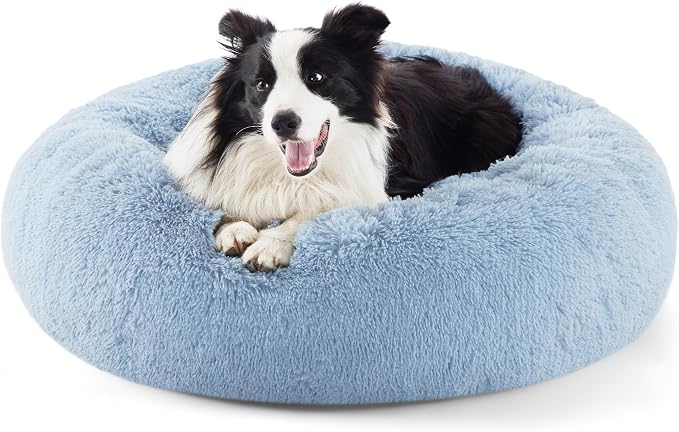 Bedsure Calming Dog Beds Large Sized Dog Donut Washable Pet Bed,36ins | Fluffy Faux Fur Round Cuddler,with Removable Washable Cover,Anti-Slip Bottom,Anti-Anxiety,for Pets Up to 80 Lbs,Light Blue by Unknown