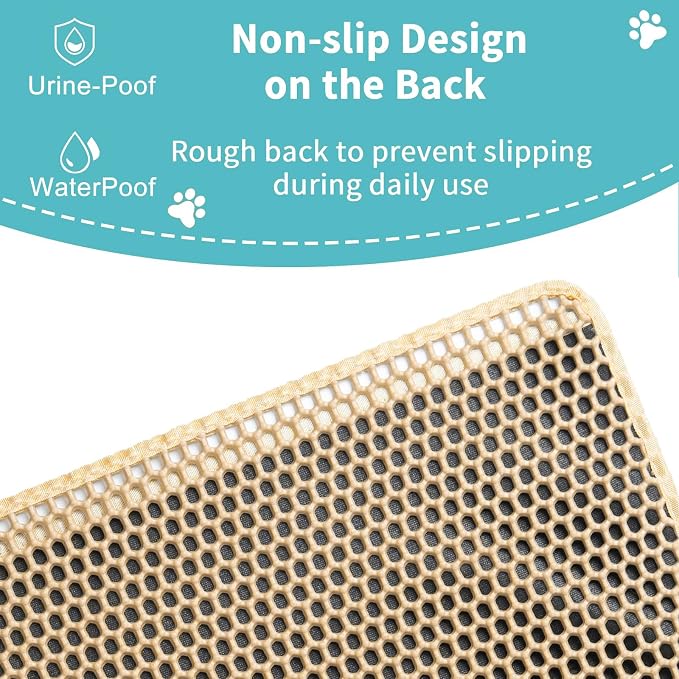 Cat Litter Mat Litter Trapping Mats, Large Kitty Litter Box Mat, 35x25in | Double-Layer Honeycomb Litter Catcher Mat to Less Mess, Waterproof and Non-Slip Bottom, Keeps Floor Clean(Khaki) - Image 4