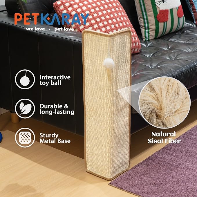 PETKARAY 27.9'' Cat Scratching Post for Couch Corner, Furniture Protector | Under-Furniture Cat Scratcher, Natural Sisal Scratch Pad, Anti Scratch Couch Protector for Indoor Cats with Toy Ball - Image 2