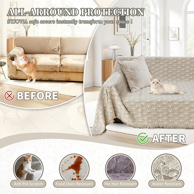 1OO% Waterproof Sectional Couch Covers for Dogs L Shaped Corner Sofa Cover Washable Chenille Sofa Slipcovers Blanket Modern Jacquard Pet Furniture Protector (91"x252", Khaki Weaving Triangle) - Image 5