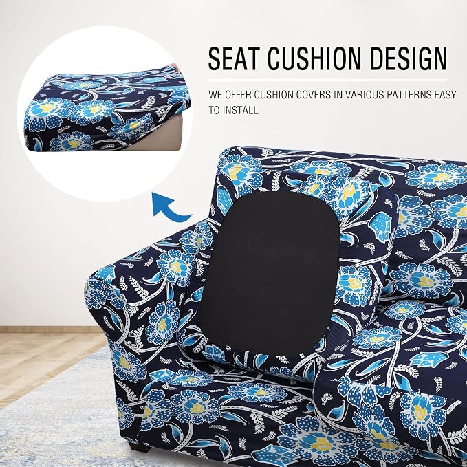 hyha Stretch Couch Cover, Sofa Covers for 2 Separate Cushion Couch Washable | Loveseat Cover, Floral Pattern, Printed, 3 Pieces, 2 Seater Furniture Protector with Elastic Bottom for Dogs, Pet Friendly - Image 2
