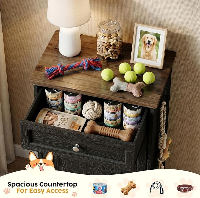 21’’W Dog Feeding Station with Storage, Tilt Out Dog Food Cabinet with Drawer, 2 Feeding Bowls, Pet Food Storage, Cat Feeding Station, Dogs Storage Organizer, (Black, Single Door) - Image 3