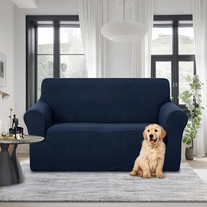 U-NICE HOME Loveseat Cover Stretch Couch Cover Sofa Slipcover, Navy | 2 Cushion Sofa, 1-Piece Sofa cover, Washable, Pet friendly, Furniture protector, Polyester Spandex Jacquard fabric - Image 2