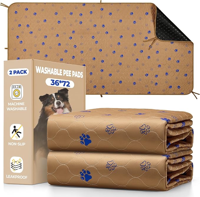Fostanfly Washable Pee Pads for Dogs, Leak-Proof, 36"x72"-2 Pack, Brown | Ultra-Absorbent, Waterproof, Non-Slip, Large Reusable Pee Pads for Puppy Potty Training, Crate and Playpen with 8 Tie Straps by HOME