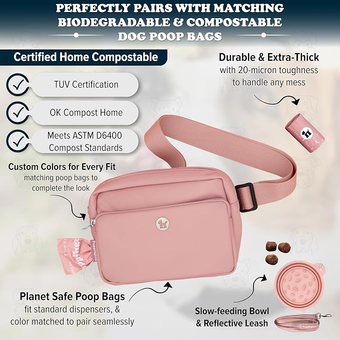 Puppington 3-in-1 Crossbody & Dog Treat Pouch for Pet Training - Matching Compostable Poop Bags, Built-In Poop Bag Dispenser & Slow-Feeding Travel Dog Bowl - Dog Walking Bag (Blush Pink) - Image 5