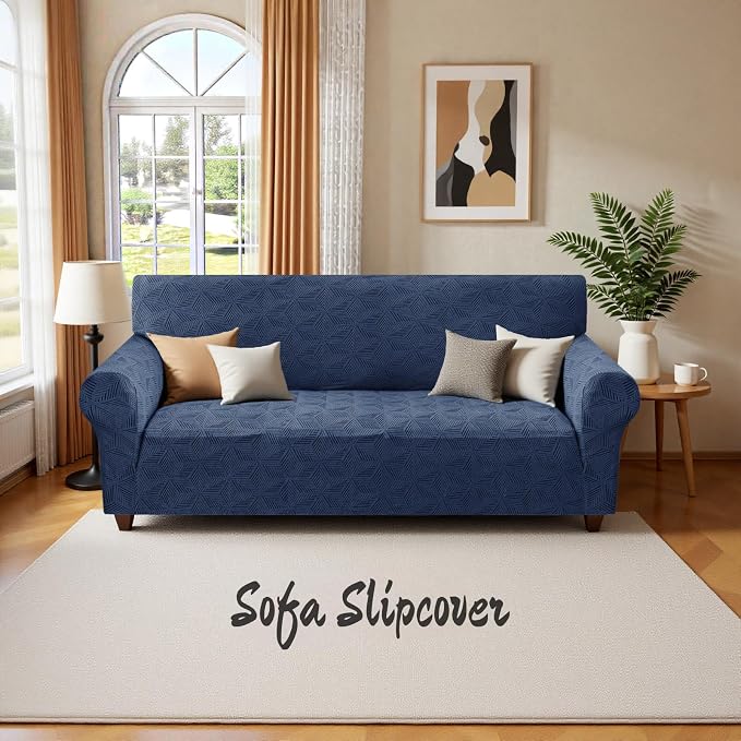 YEMYHOM 1 Piece Stretch Couch Covers for 3 Cushion Couch, Jacquard Sofa Cover with Non-Slip Elastic Bottom, Thickened Slipcover Furniture Protector for Dogs Pets (Large, Navy） - Image 8