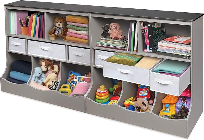 Badger Basket Combo Toy Storage Organizer and Bookshelf - Kids Storage Unit with 3 Removable Baskets, Open Shelves, Top Display Surface - Woodgrain and Gray - Image 7