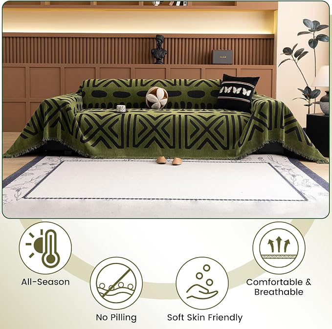 STACYPIK Black Geometric Couch Cover for Dogs Boho Dark Green Chenille Sectional Sofa Cover Non Slip Soft Tassles Couch Protector for 3 Cushion Couch Multi-Use Loveseat Throw Blanket for Pets-71X150IN - Image 2