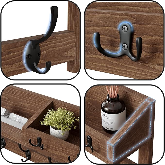 AMBIRD Wall Hooks with Shelf, 26.57 Inch Entryway Wood Coat Hooks for Wall with Shelf, Coat Rack Wall Mount with 5 Dual Hooks 3 Key Hooks Mail Organizer and Key Rack Holder (Brown) - Image 5
