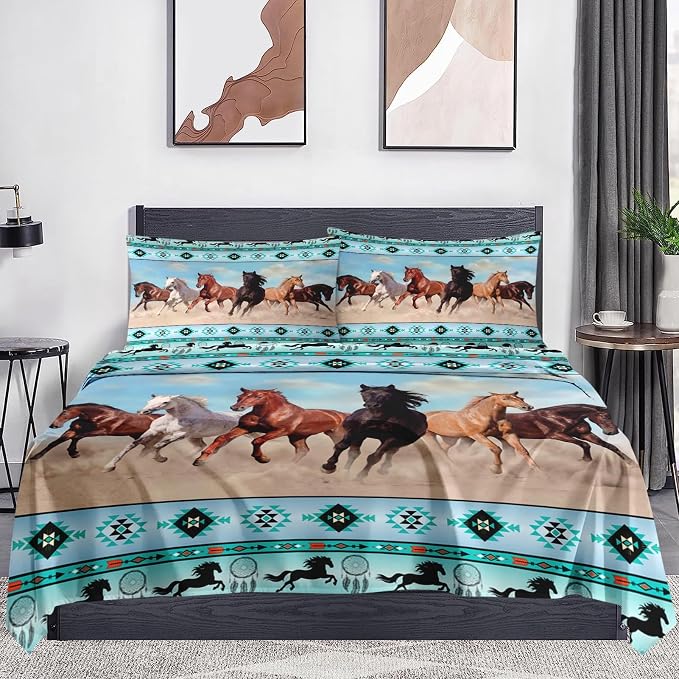 WeCozy King Size Bed Sheet Sets with Pillowcases, Horses Desert Animal 4 Pcs Soft Microfiber Bedding for Kids and Adults, Tribal Farm Sunset Run Flat, Fitted Sheet for Bedroom Bed Decor - Image 2