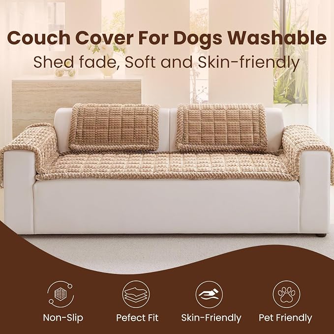 Couch Cover for Dogs Washable, Non Slip Couch Covers for 3 Cushion Sofa Pet Friendly, Fuzzy Pet Couch Cushion Covers for Dog, Thick, Soft for Sofa Protector (Camel, 27.6" x 70.9"/70 x 180cm) - Image 2