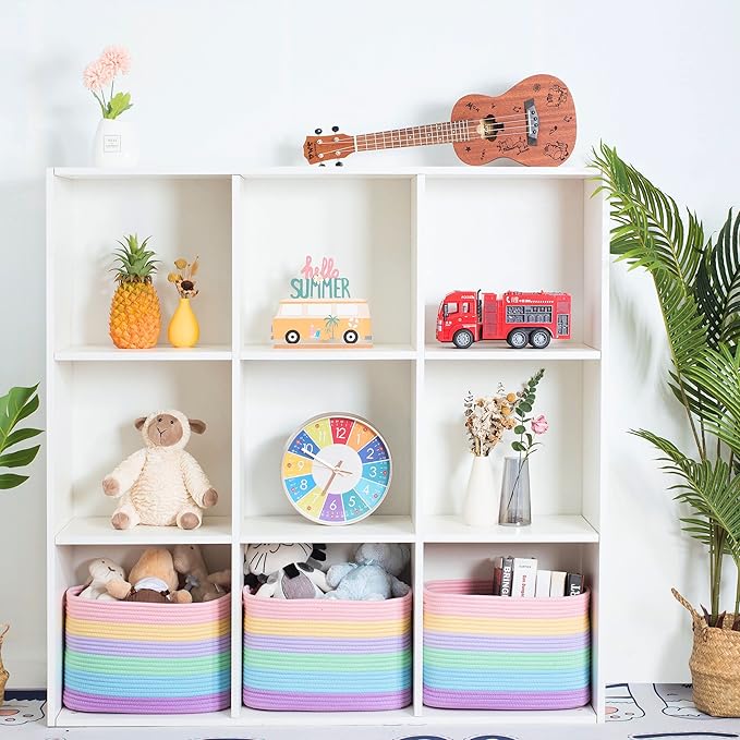 MINTWOOD Design 3-Pack Storage Baskets and Cube Bins for Shelves, Playroom and Classroom, Decorative Woven Closet Organizers for Books, Shoes, and Pantry Items, Pastel Rainbow - Image 4
