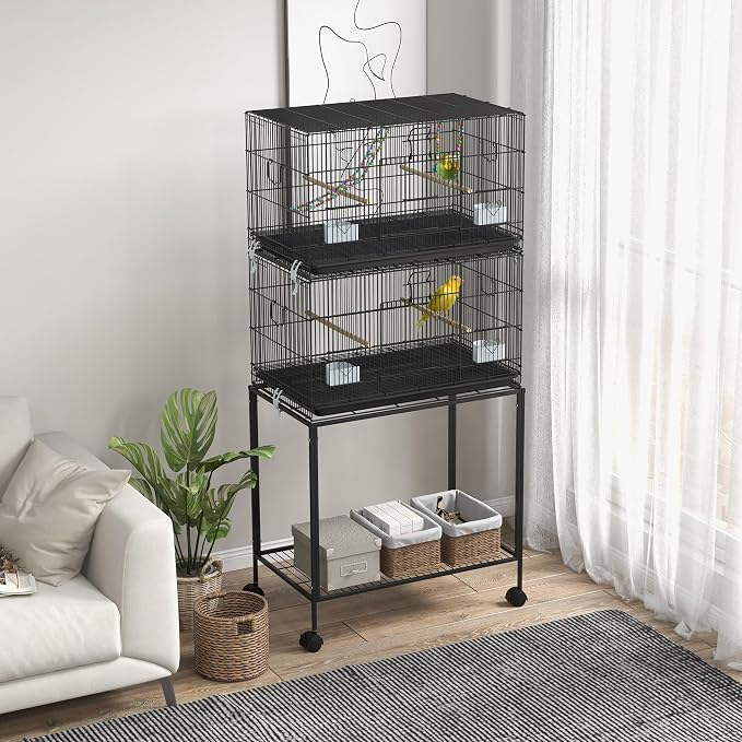 PawHut Double Stackable Bird Cage with Stand for Canaries, Lovebirds | Wooden Swing, Rope Ladder & Wheels, Budgie Cage, Storage Shelf, Removable Tray, Wooden Perches & Food Containers, Finches - Image 2