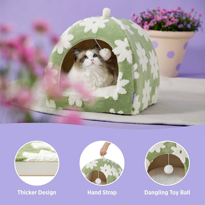 Lesure 2in1 Cute Cat House for Kitten with Washable Cushioned Pillow,17.3in | Cat Beds for Indoor Cats,Small Pet Cave Tent,Cozy Enclosed Foldable Hideaway,Fluffy Ball,Anti Slip Bottom,Hand Strap,Green - Image 5