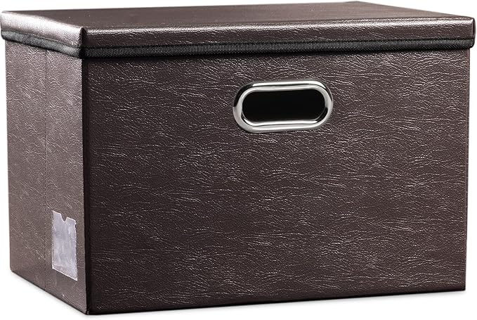 PRANDOM Large Collapsible Storage Bin with Lid [1-Pack] Leather Fabric Foldable Storage Box Organizer Containes Basket Cube with Cover for Home Bedroom Closet Office Nursery Brown (17.7x11.8x11.8) by Prandom