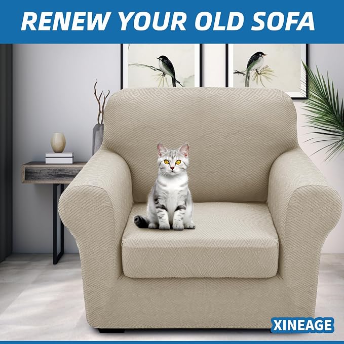 XINEAGE 2026 New 2 Pieces Chair Covers with Arms Super Stretch Chair Slipcover for Living Room Pet Dog Universal Slip Cover Anti Slip Armchair Furniture Protector (Khaki), 31"-46"(1 Cushion) - Image 4