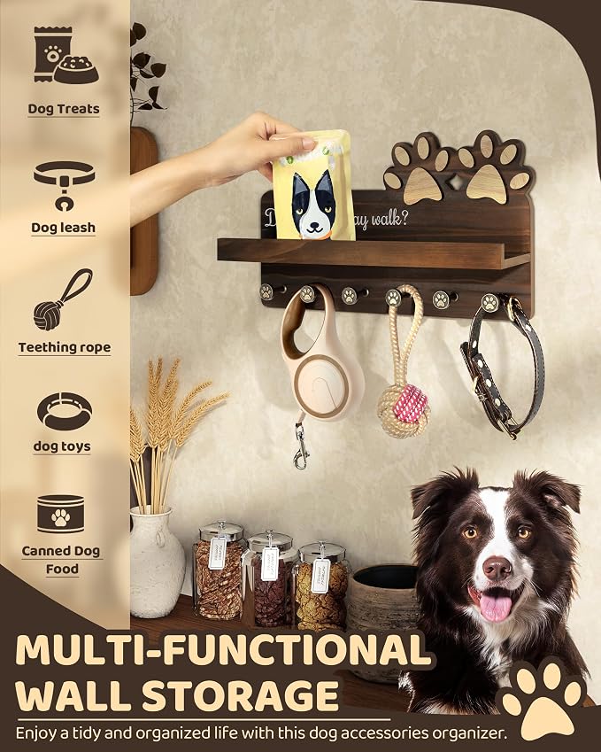 MTERSN Farmhouse Dog Leash Holder for Wall - Cute Key Holder Wall Mount with Floating Shelf & 6 Paw Hooks - Dog Lover Gifts for Wall Organize and Elevate Room Decor (Brown) - Image 4