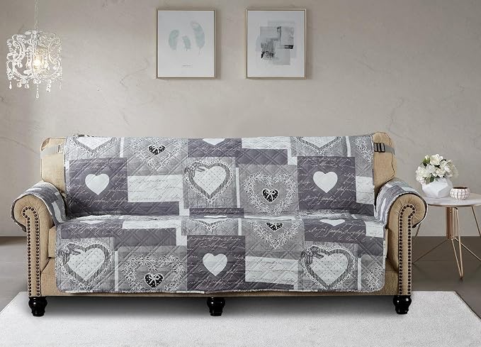 Brilliant Sunshine Grey Heartlove Patchwork Couch Cover, 70" seat | Non Slip Sofa Cover, Quilted Furniture Protector, Large Washable Slipcover for Pets, Dogs & Cats - Image 3