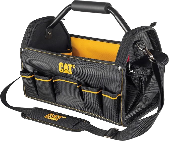 Cat 17-Inch Pro Tool Tote, Open Top Tool Bag, 15 Pockets for Tool Storage and Organization, Premium 1680D Polyester Weave, Steel Handle and Removable Shoulder Strap - 240046 by Unknown