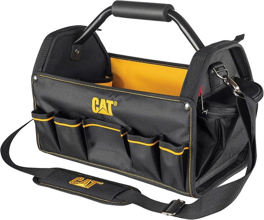 Cat 17-Inch Pro Tool Tote, Open Top Tool Bag, 15 Pockets for Tool Storage and Organization, Premium 1680D Polyester Weave, Steel Handle and Removable Shoulder Strap - 240046 by Unknown