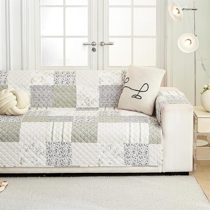 Cmfshape Skidproof Sofa Cover-Taupe Sofa Slipcover with Elastic Straps-Easy Fit Slip Cover-Patchwork Washable Furniture Protector for Pets and Kids(Loveseat,Taupe) by cmfshape-quiltset