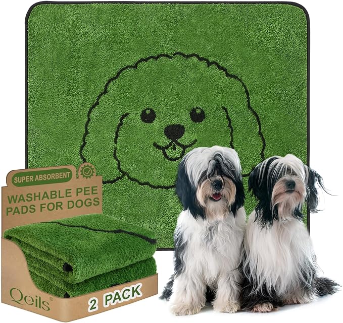 Qeils Reusable Puppy Pads , Washable Pee Pads for Dogs 36" x 41" 2 Pack | Super Absorbent & Leakproof Potty Training Pads, Plush Grass-Look With Non-Slip Backing For Crates, Playpens & Small Pets by Qeils