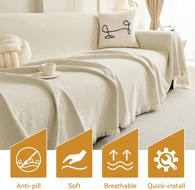 Deep Dream Beige Couch Cover, Soft Chenille Couch Covers for 3 Cushion Couch, Thick Sofa Slipcover Washable Sofa Cover Furniture Protector for Dogs, 71"x150" - Image 6