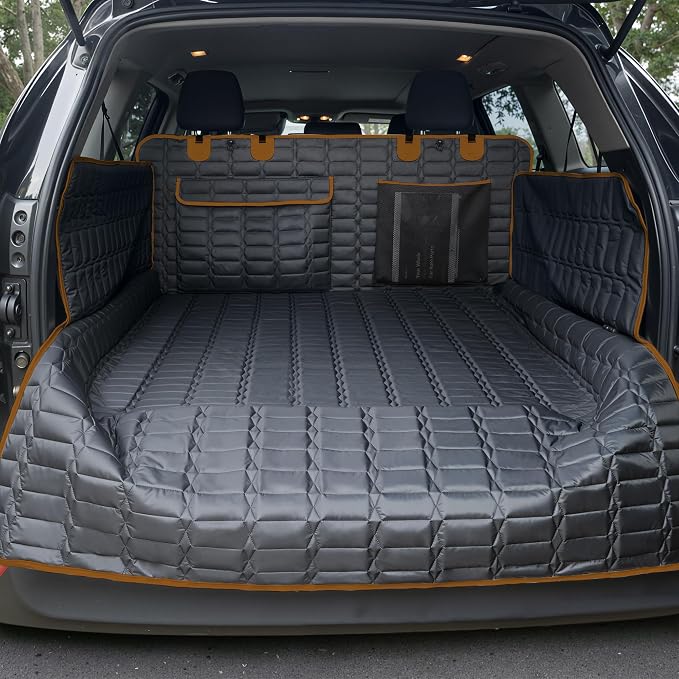 Reliadura SUV Cargo Liner for Dogs, Waterproof Trunk Cover with Bumper Flap | Brown quilted dog cargo mat with side panels, bumper flap, scratch-resistant, non-slip backing, pockets and universal fit by Reliadura