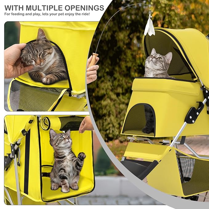 MoNiBloom Foldable Pet Stroller with Waterproof Cover, 3-Wheels Dog Strolling Cart for Small/Medium Dogs and Cats with Storage Basket and Cup Holder, Breathable and Visible Mesh for All-Season, Yellow