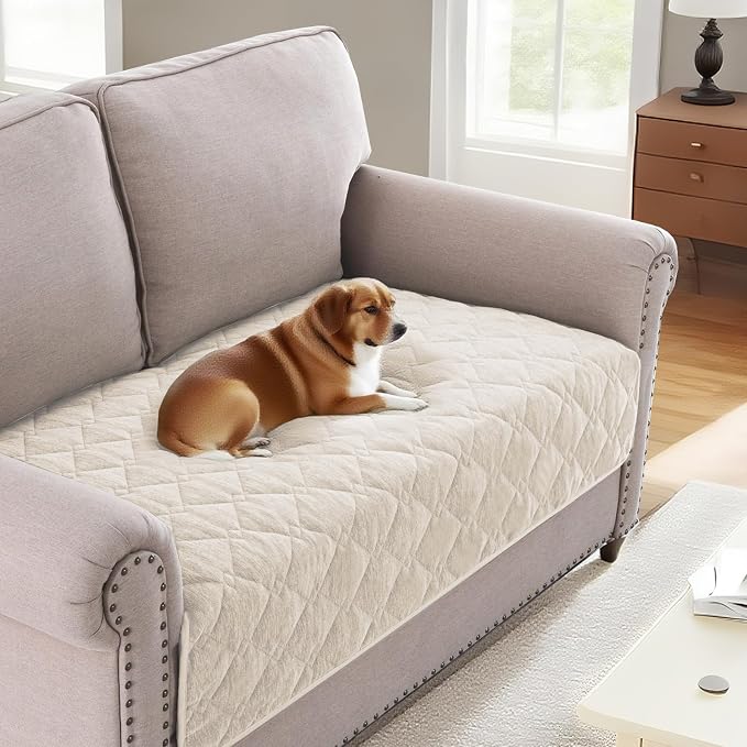H.VERSAILTEX Couch Cover Chenille Pet Fuzzy Sofa Covers for 2 Cushion Couch Anti Slip Washable Sofa Slipcovers with Strap Soft Couch Protector Cover for Dogs Cats Kids(34.5" x 63", Ivory) by HVERSAILTEX