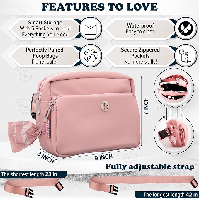 Puppington 3-in-1 Crossbody Dog Treat Pouch for Pet Training - Compostable Poop Bags, Built-In Poop Bag Dispenser, Slow-Feeding Travel Dog Bowl & Reflective Leash - Dog Walking Bag (Blush Pink) - Image 6