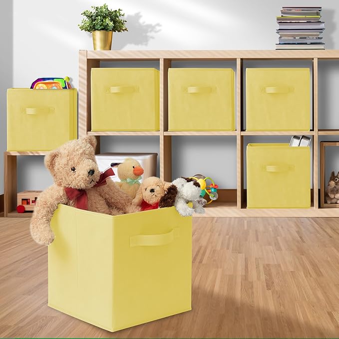 Casafield Set of 12 Collapsible Fabric Cube Storage Bins, Yellow - 11" Foldable Cloth Baskets for Shelves, Cubby Organizers & More - Image 5