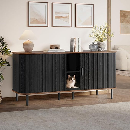 58" Double Cat Litter Box Enclosure, Large Hidden Litter Box Furniture for 2 Cats with Cat Scratch Pad, Wooden Modern Indoor Cat House with Double Room, TV Stand, Side Table, Black by OPERTION