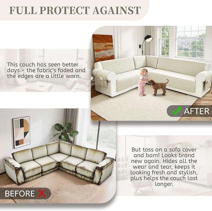 Sectional Couch Covers for Dogs 100% Waterproof Corner L Shaped Sofa Cover Pet Friendly Velvet Washable Anti Slip L Shape Modular Sofa Slipcover Protector with Pockets (Cream, XL Plus) - Image 7