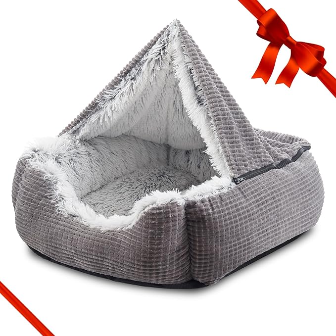 MIXJOY Dog Beds for Medium Large Small Dogs, Rectangle Cave Hooded Blanket Puppy Bed, Luxury Orthopedic Cat Beds for Indoor Cats, Warmth and Machine Washable (25 inches, Grey) by MIXJOY