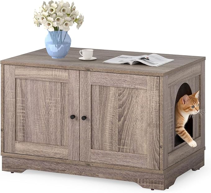 Tangkula Cat Litter Box Enclosure, Wooden Kitty Washroom Cabinet w/Winding Entry & Cat Hole, with Divider, Hidden Double Enclosed Litter Box Furniture for Living Room, Bedroom, Entryway (Grey) by TANGKULA