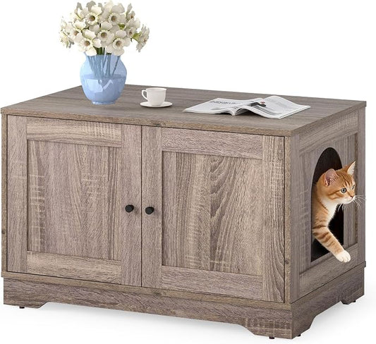 Tangkula Cat Litter Box Enclosure, Wooden Kitty Washroom Cabinet w/Winding Entry & Cat Hole, with Divider, Hidden Double Enclosed Litter Box Furniture for Living Room, Bedroom, Entryway (Grey) by TANGKULA