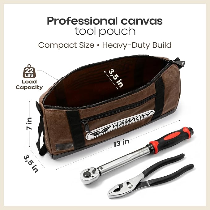 HAWKRY Canvas Tool Pouch – Brown Tool Bag for Tool Storage, DIY, Electrical, Auto or Hobby Use | Rugged Canvas Organizer with Zipper & Reinforced Base – Compact Utility Pouch for Toolbox or Car - Image 2