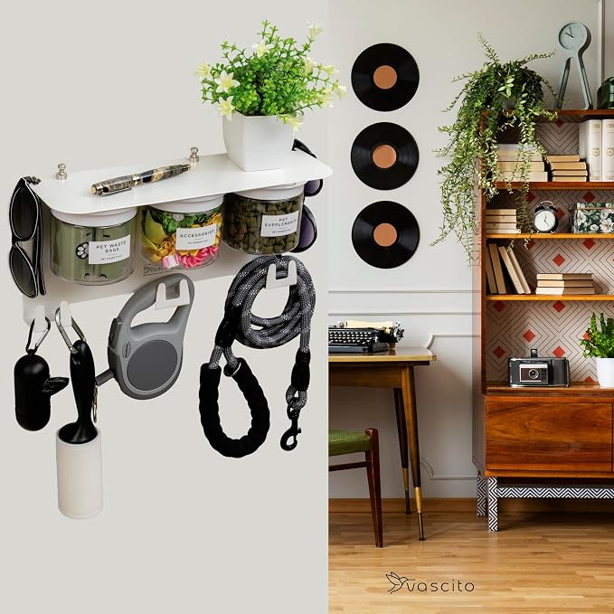 Dog Treat Holder For Wall Storage For Pets, Premium Pet Wall Organizer, Includes Three 16oz Airtight Dog Treat Jars, 3 Sets of Triple Hooks, Sturdy Shelf in Designer White - Image 7