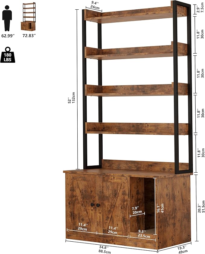 IRONCK Litter Box Enclosure with 4 Shelves and Doors, Large Wood Cat Litter Box Furniture Hidden with Storage and Scratch, Fit Most of Litter Box, Vintage Brown - Image 2