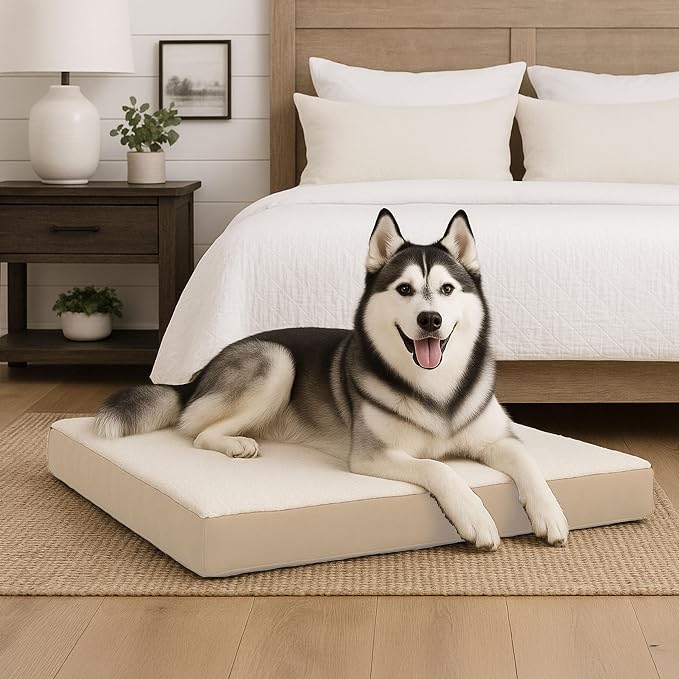 Orthopedic Dog Bed - 2-Layer Memory Foam Crate Mat with Machine Washable Sherpa Cover - 44x35 Pet Bed for Large Dogs up to 100lbs by PETMAKER (Tan) - Image 8