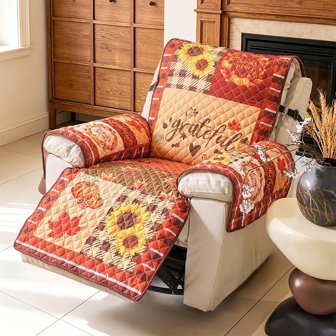 Cmfshape Thanksgiving Recliner Slipcover-Orange Checkered with Pumpkin,Pet Friendly Recliner Chair Covers,Washable Reclining Chair/Furniture Protector for Holiday,Anti-Slip with Elastic Band - Image 2